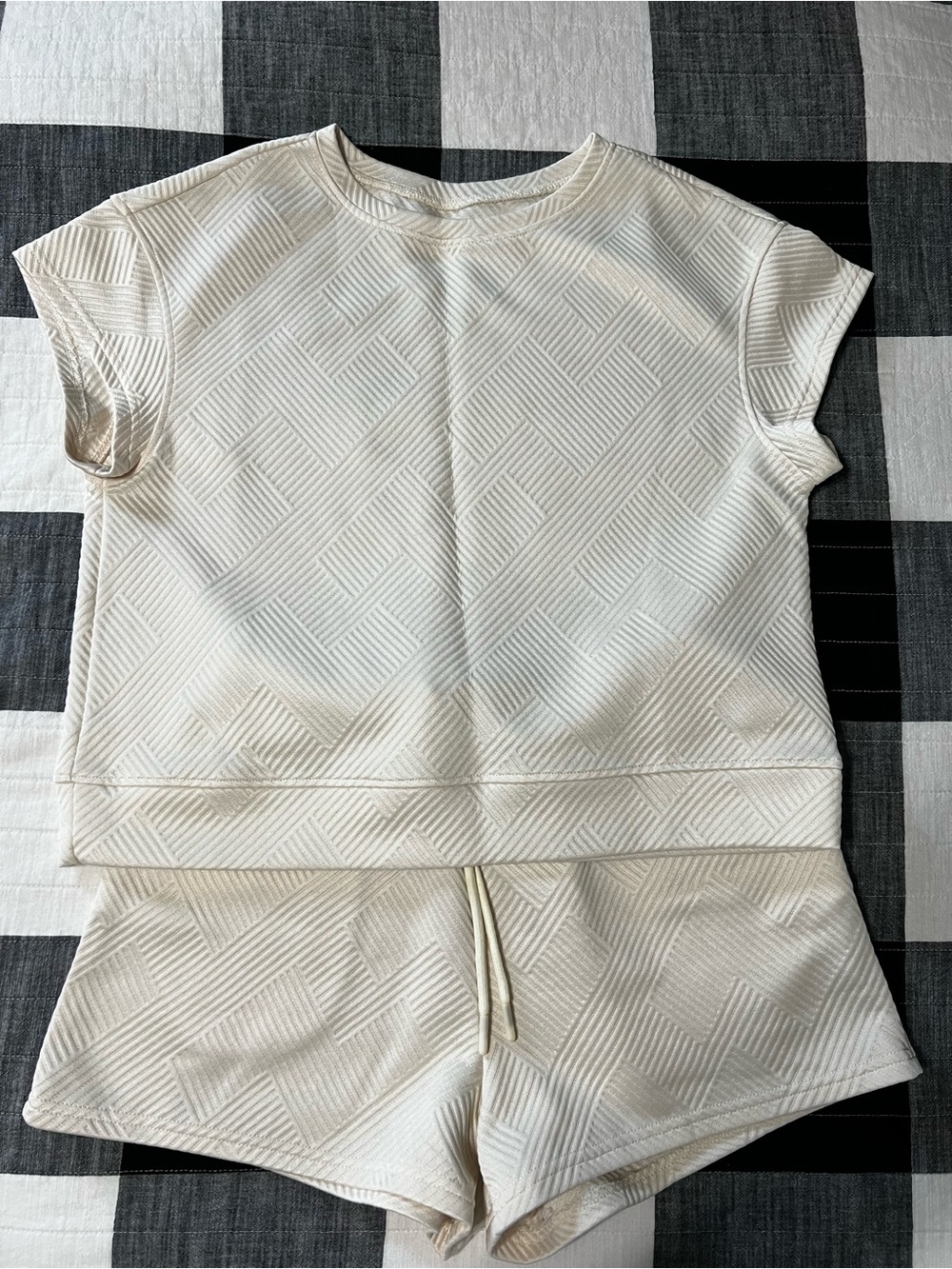 Amazon Women's Cream Textured Short Sleeve Top and Shorts Set
